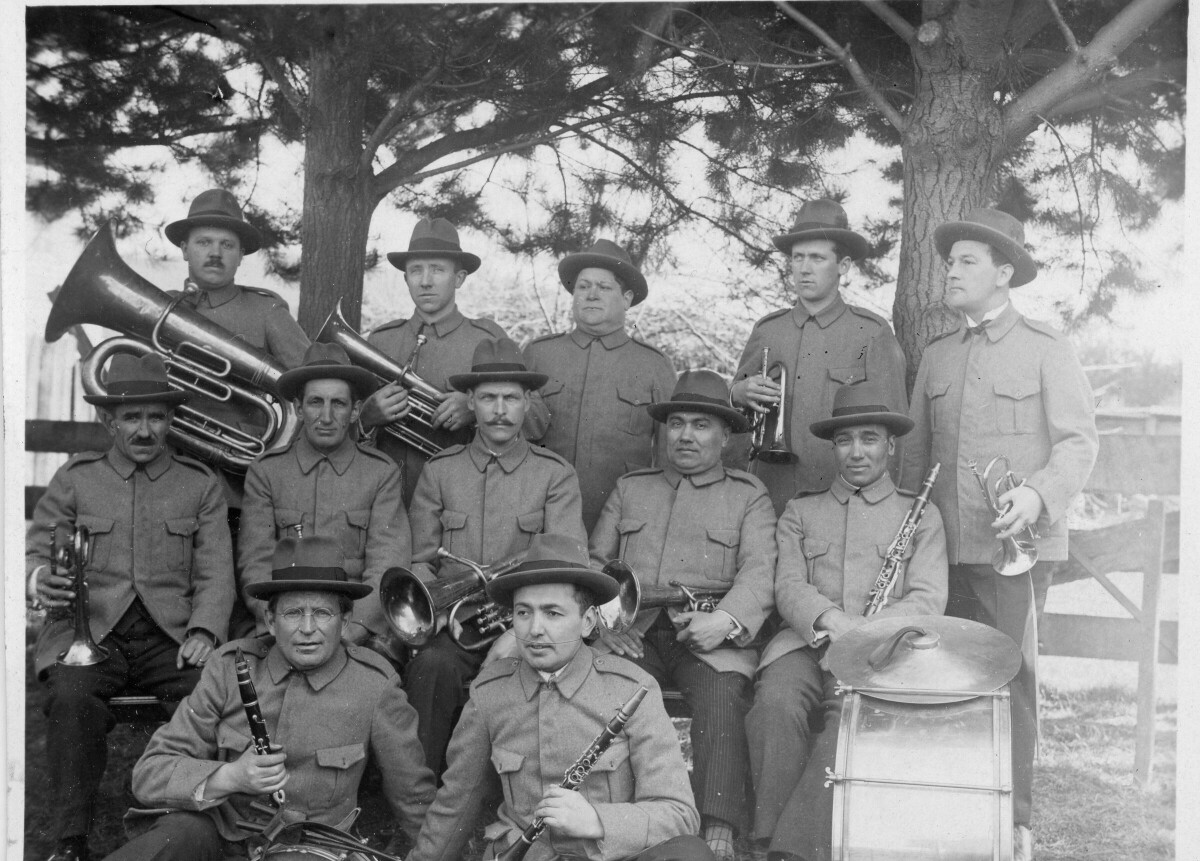 Retrato de plano entero de Deutscher Musikverein de Paillaco, posando formados con sus instrumentos bajo la sombra de unos árboles.