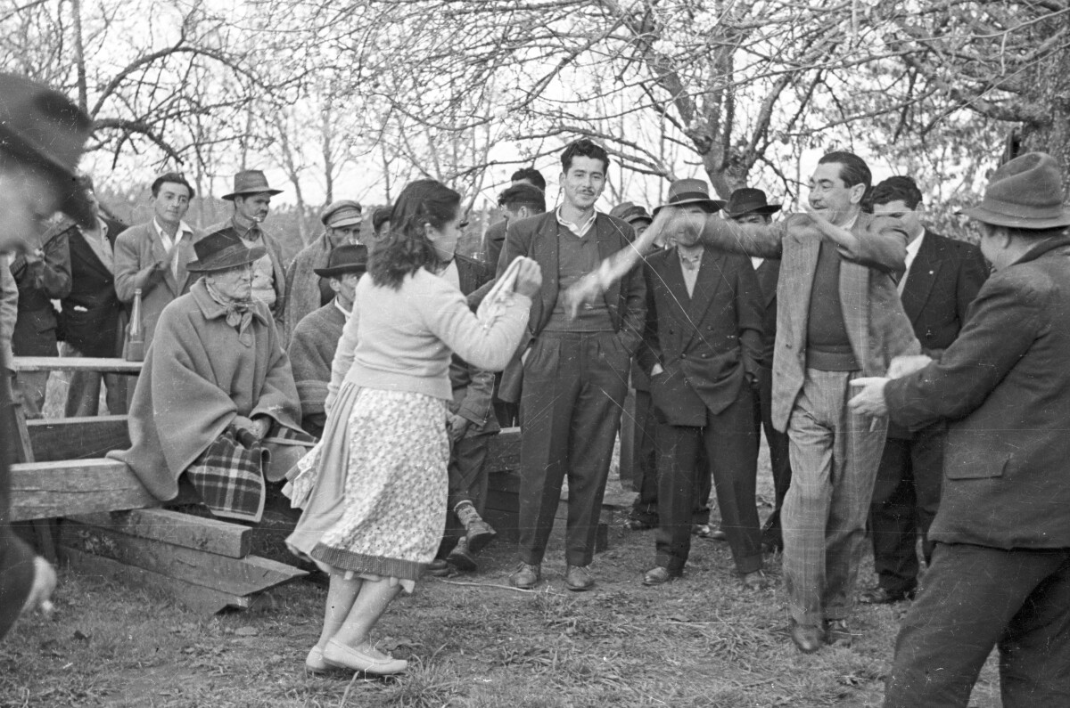 Plano entero de una pareja bailando cueca mientras un grupo de Hombres los observa. Se encuentran bajo los árboles, en un sector no identificado