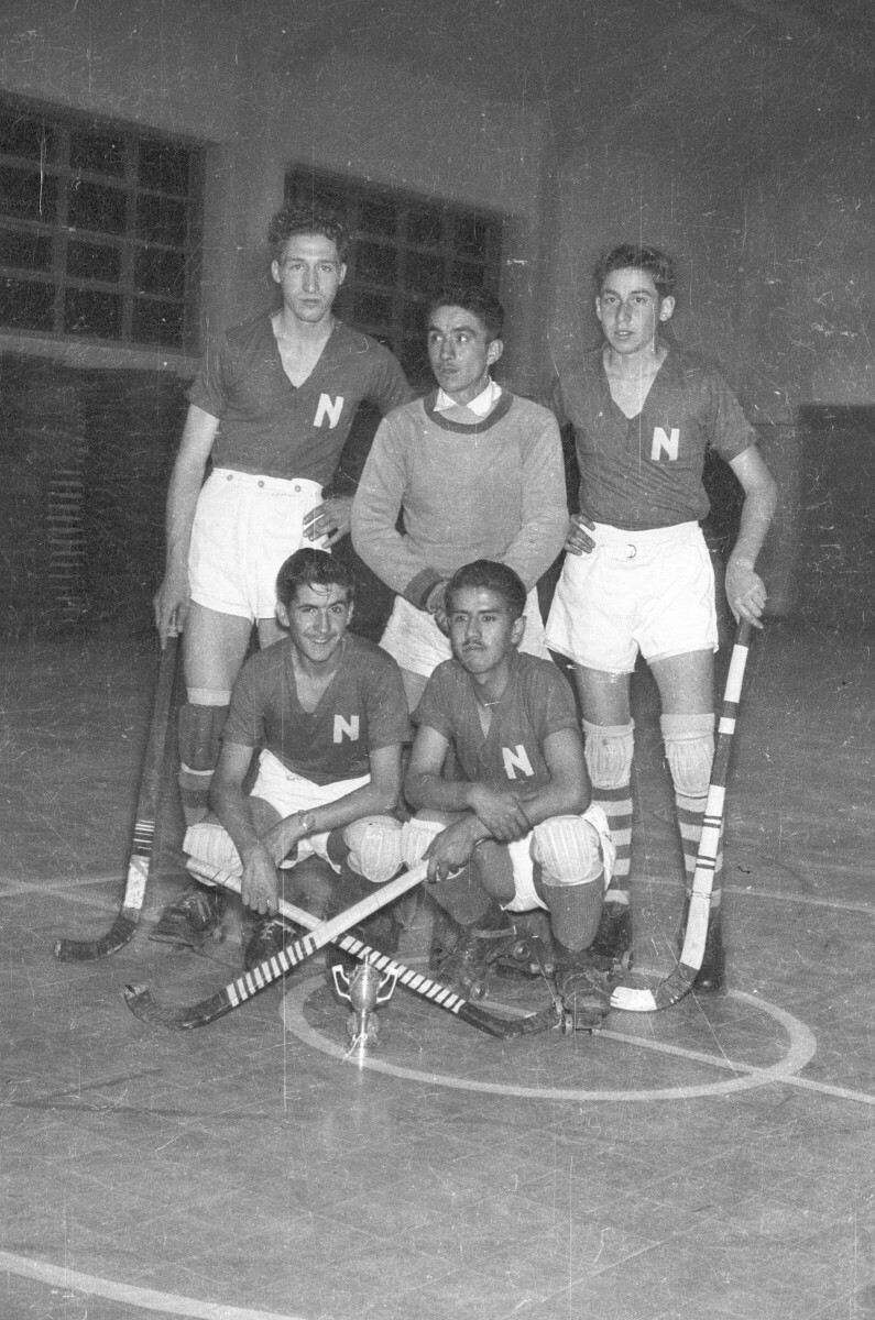 Retrato grupal de plano entero de un equipo de hockey masculino no identificado. En sus poleras tienen grabada la letra N. Están formados sobre la cancha en el interior de un gimnasio