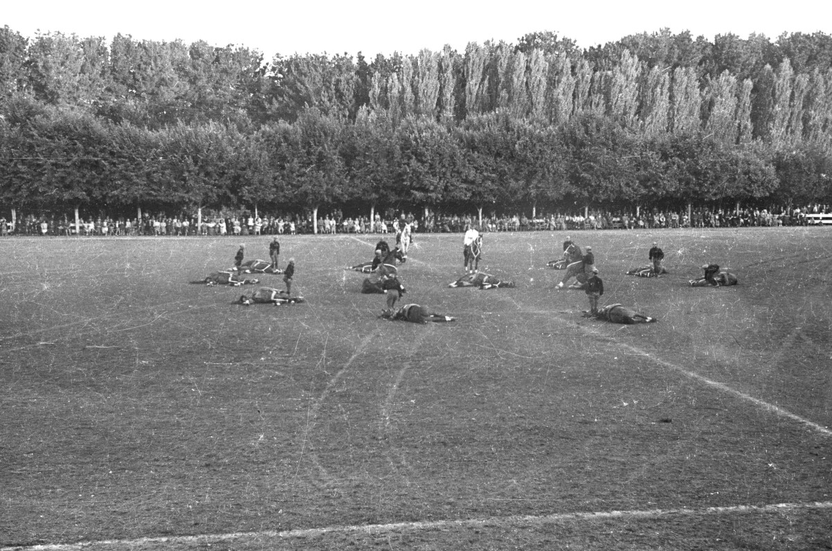 Plano entero de un grupo de caballos acostados sobre el pasto junto a sus jinetes, quienes están llevando una presentación en el interior de la cancha ubicada en el estadio Carlos Vogel