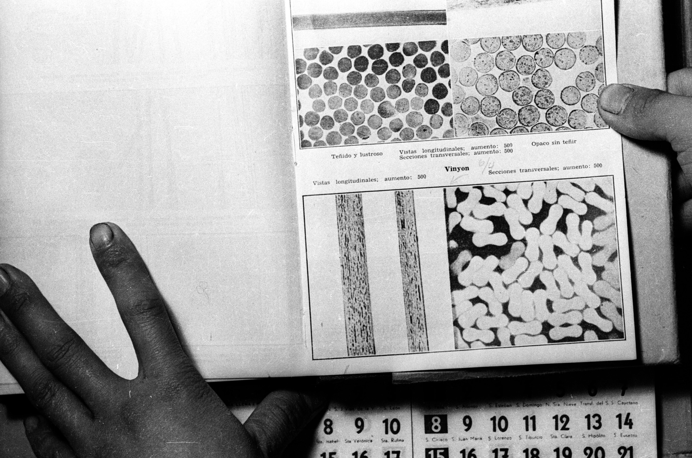 -Plano entero de dos planas del libro --fibras textiles-- escrito por Pablo Link el cual se encuentra apoyado sobre un calendario en una pared. Una de sus planas contiene cuatro ilustraciones-