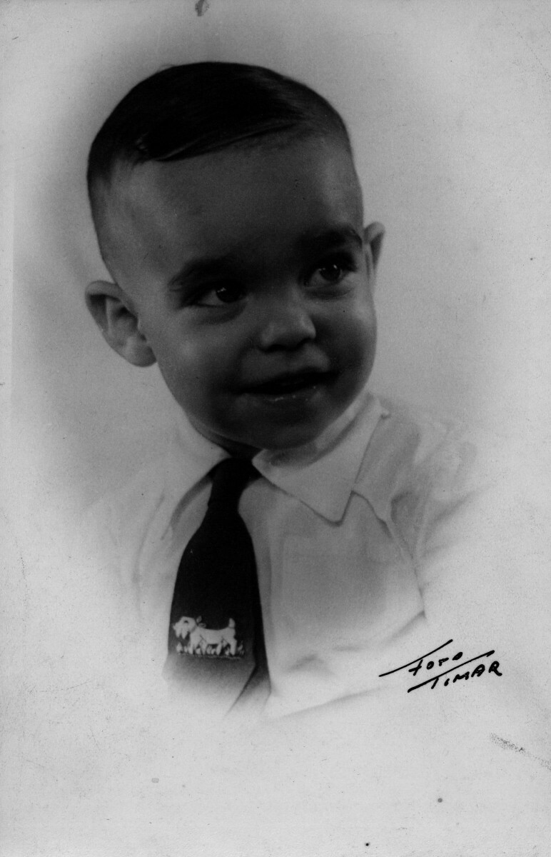 Retrato de estudio de Plano medio de un niño con Corbata sonriendo de Medio perfil. En su corbata lleva bordado un perro.