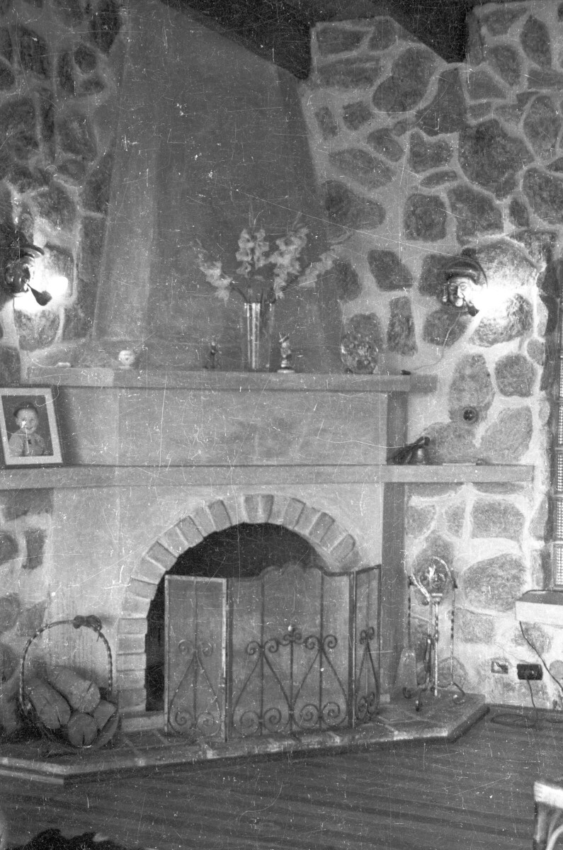 Plano entero de una chimenea de una casa. Sobre ella, hay distintos elementos, tales como un florero, la Fotografía de un Niño y dos ampolletas ubicadas en las paredes, a cada costado. Además, se encuentra protegida por un panel y a un costado, hay unos troncos de leña. La casa es de un piso y se encuentra ubicada en un sector rural no identificado.