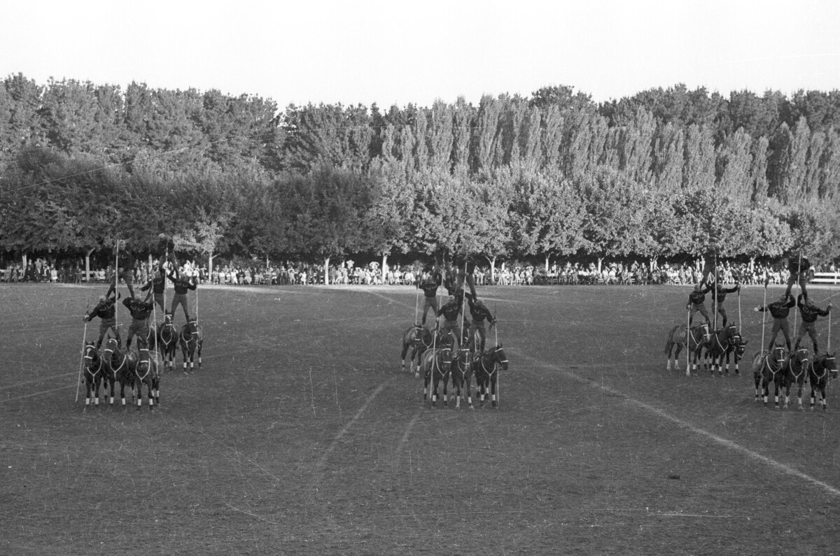 plano general de un grupo de jinetes realizando una presentación de equitación sobre los hombros de dos jinetes, quienes a su vez se encuentran parados sobre las monturas de tres caballos. En el fondo, Niñas, Hombres y Mujer los observan sentados a un costado de la cancha ubicada en el estadio Carlos Vogel