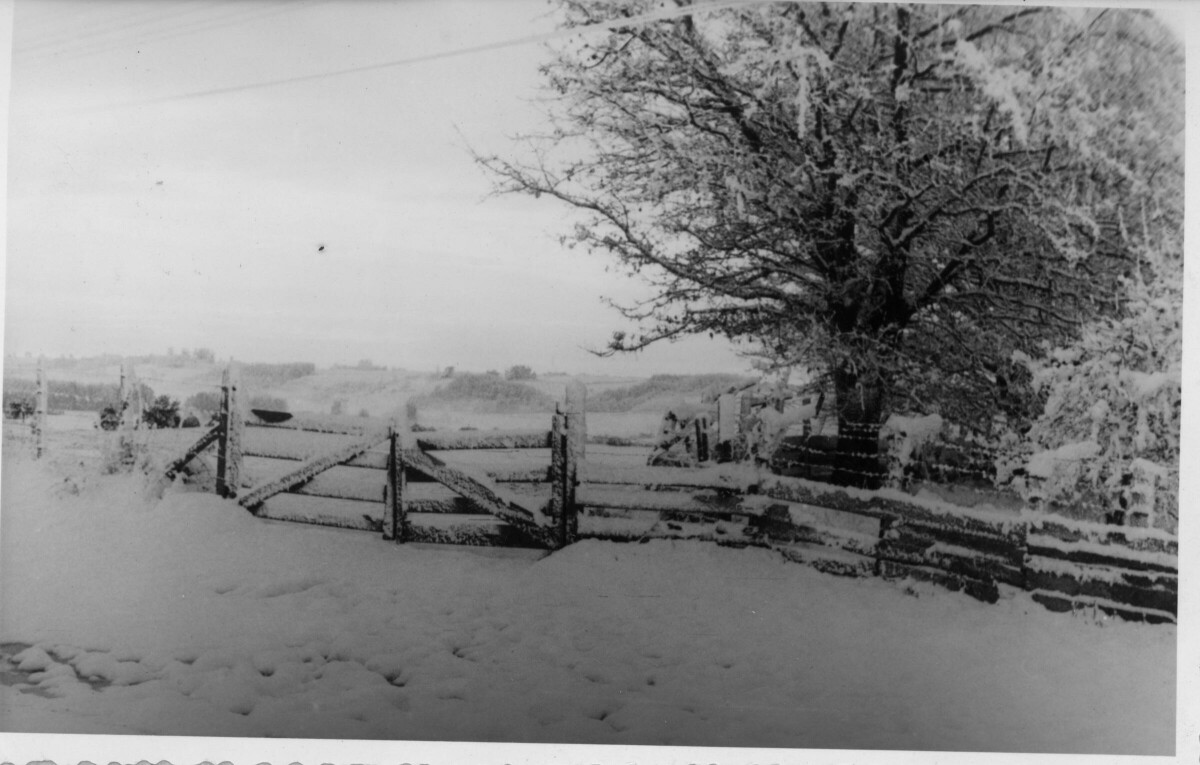 plano general de un portón de madera, cubierto de nieve al igual que todo el lugar que lo rodea. La fotografía fue tomada tras la nevazón caída en el año 1954