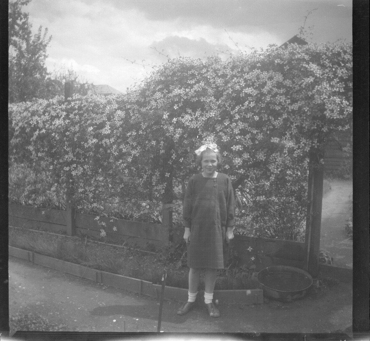 Plano entero de una niña posando frente a un muro de arbustos en flor