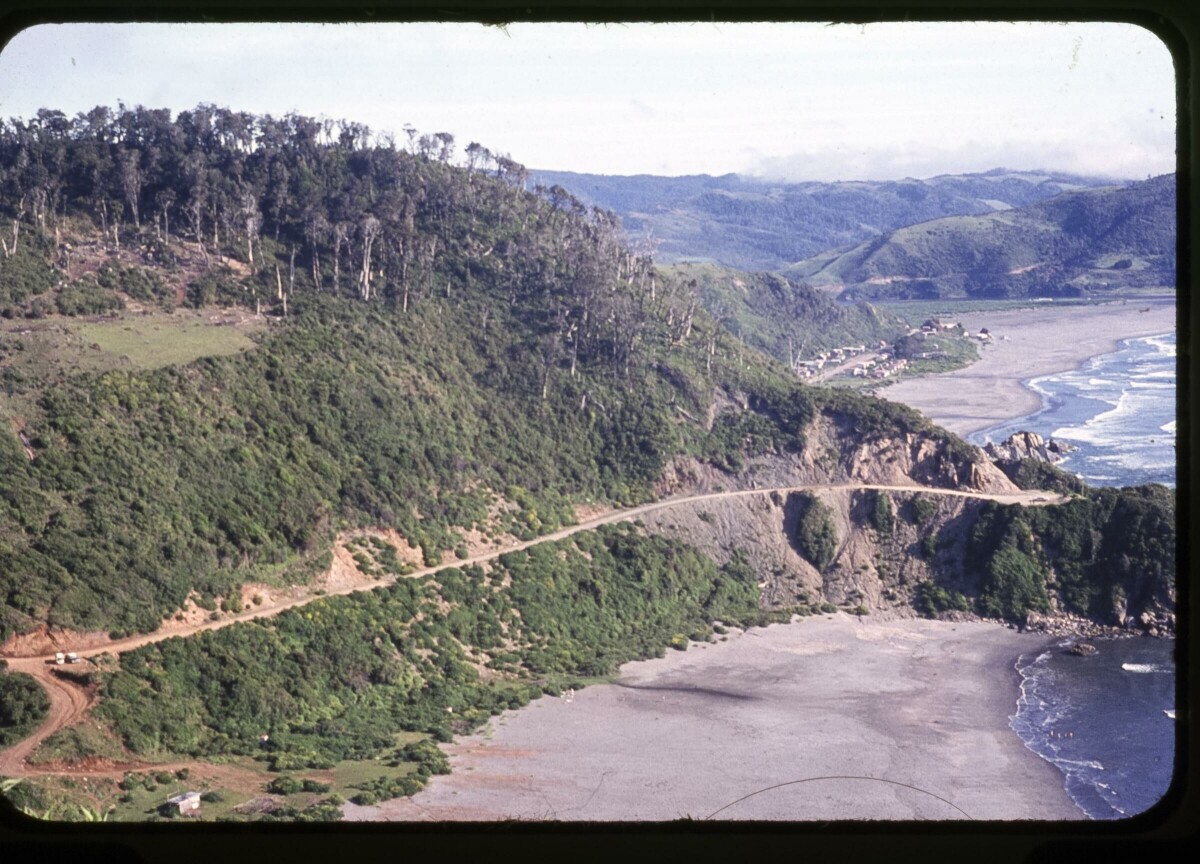 plano general de un camino en una montaña poblada de árboles en la orilla de una playa